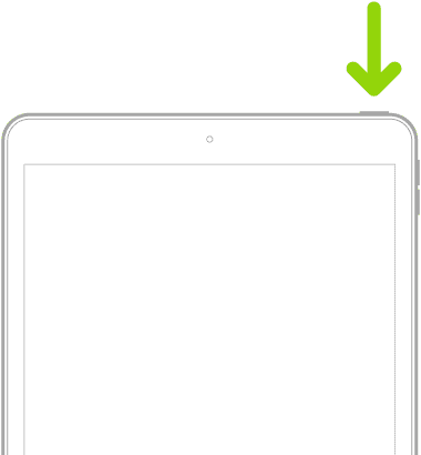 An iPad with a Home button. An arrows points to the top button.  