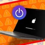 A Macbook on the loading screen with the Apple logo and some alert and restart icons.  