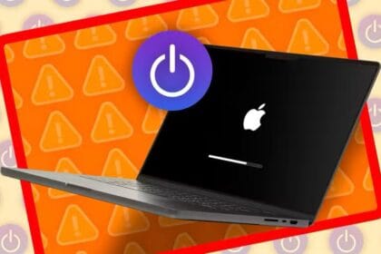 A Macbook on the loading screen with the Apple logo and some alert and restart icons.  