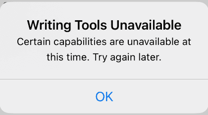 Writing tools unavailable error message