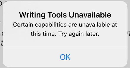 Writing tools unavailable error message