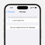 iPhone displaying the iMessage settings screen. At the bottom, there's a Use your Apple Account for iMessage button that you can tap to use your Apple Account to send and receive iMessages.  