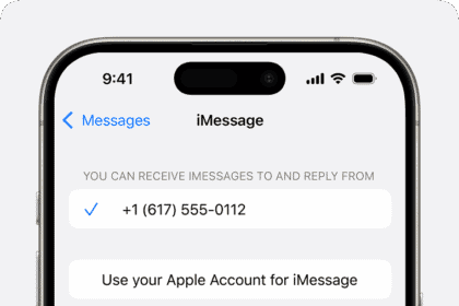 iPhone displaying the iMessage settings screen. At the bottom, there's a Use your Apple Account for iMessage button that you can tap to use your Apple Account to send and receive iMessages.  