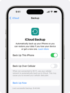 An iPhone showing the "Back Up Now" option Â