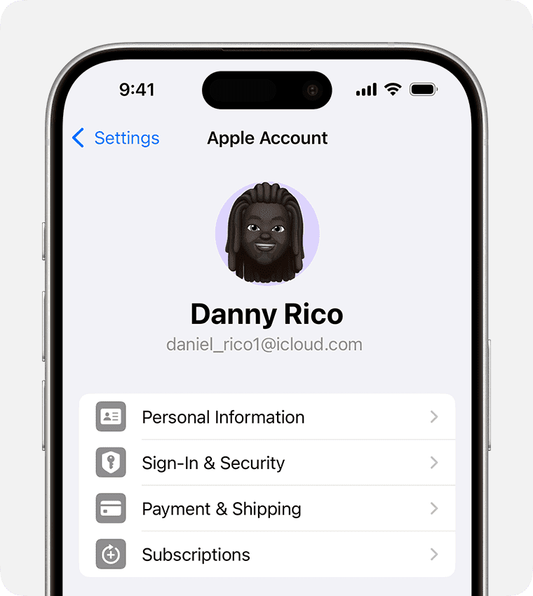 Apple Account settings in the Settings app on iPhone.