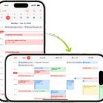 In the background, iPhone displays a Calendar screen, showing one day’s events in portrait orientation; in the foreground, iPhone is rotated to landscape orientation, showing the Calendar events for the whole week.  