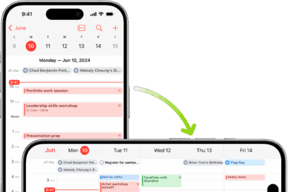 In the background, iPhone displays a Calendar screen, showing one day’s events in portrait orientation; in the foreground, iPhone is rotated to landscape orientation, showing the Calendar events for the whole week.  