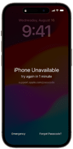 The iPhone Unavailable screen in iOS 17 or later includes a Forgot Passcode? option.