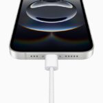 A close-up of the USB-C port on iPhone 16e.