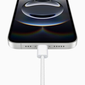 A close-up of the USB-C port on iPhone 16e.