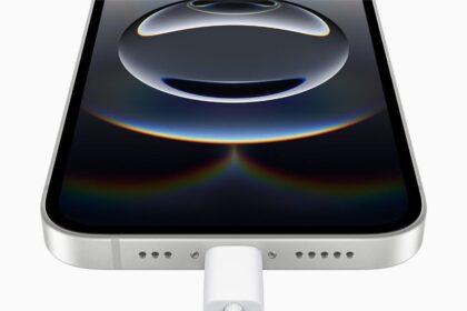 A close-up of the USB-C port on iPhone 16e.
