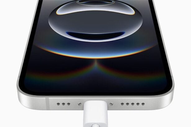 A close-up of the USB-C port on iPhone 16e.