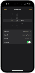 Set an alarm on iPhone in the Clock app.  