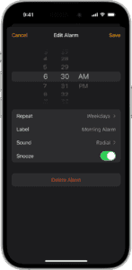 Edit an alarm on iPhone in the Clock app.  