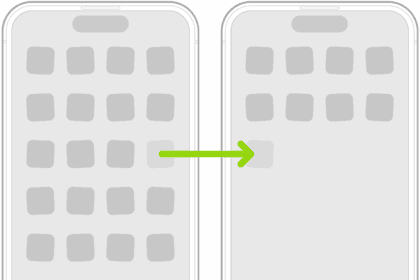 Jiggling apps on the Home Screen with an arrow showing one app being dragged to the next page.  
