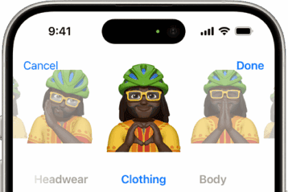 The Memoji screen, showing the character being created in the middle, features to customize below the character, then below that, options for the selected feature. The Done button is at the top right and the Cancel button is at the top left.  
