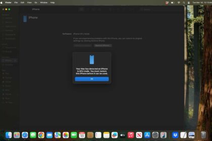 A screen that says: Your Mac has detected an iPhone in DFU mode. You must restore this iPhone before it can be used.