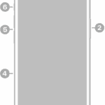 The front view of iPhone 15. The front camera is at the top center. The side button is on the right side. The USB-C connector is on the bottom. On the left side, from bottom to top, are the SIM tray, the volume buttons, and the Ring/Silent switch.