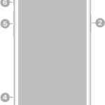 The front view of iPhone 12. The front camera is at the top center. The side button is on the right side. The Lightning connector is on the bottom. On the left side, from bottom to top, are the SIM tray, the volume buttons, and the Ring/Silent switch.  