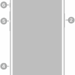 The front view of iPhone 13. The front camera is at the top center. The side button is on the right side. The Lightning connector is on the bottom. On the left side, from bottom to top, are the SIM tray, the volume buttons, and the Ring/Silent switch.  