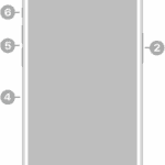The front view of iPhone 14 Pro. The front camera is at the top center. The side button is on the right side. The Lightning connector is on the bottom. On the left side, from bottom to top, are the SIM tray, the volume buttons, and the Ring/Silent switch.