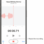 A Voice Memos recording, showing a waveform of the recording that’s in progress, along with a time indicator and a button to pause the recording.  