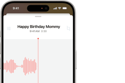 A Voice Memos recording, showing a waveform of the recording that’s in progress, along with a time indicator and a button to pause the recording.  