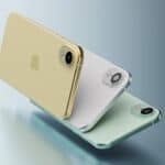 Three sleek smartphones in gold, silver, and green, arranged diagonally against a gradient background, featuring minimalist design and single rear cameras.