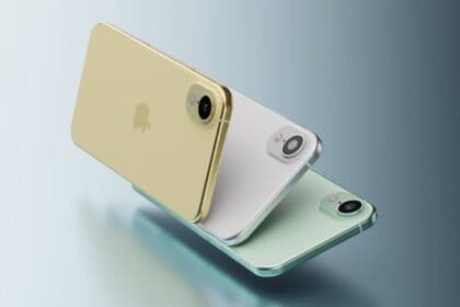 Three sleek smartphones in gold, silver, and green, arranged diagonally against a gradient background, featuring minimalist design and single rear cameras.