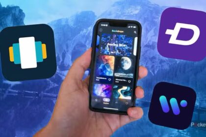 An iPhone 13 mini showing a wallpaper app surrounded by app icons.