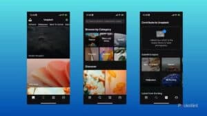 Three screenshots from Unsplash, showing a curated selection of wallpapers, a search and category page, and a page for uploading new photos to Unsplash.