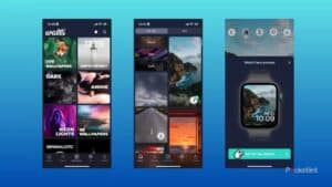 Three screenshots from the Walli app showing a categories page, a Home Screen of suggested wallpapers, and a sample Apple Watch wallpaper.