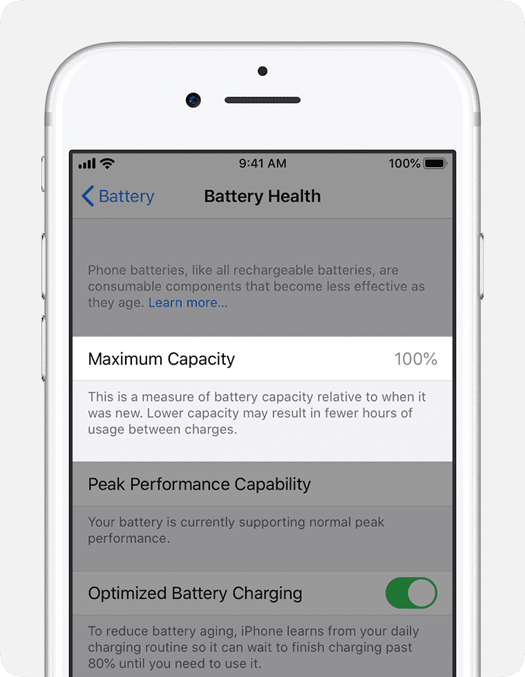 The Battery Health screen with Maximum Capacity highlighted.  