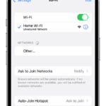 An iPhone showing the Wi-Fi screen. There's a blue a checkmark next to the Wi-Fi network's name.  