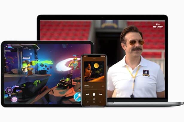 iPad showing Apple Arcade, iPhone playing music, and MacBook showing Apple TV+.