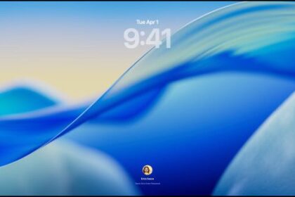 Three Mac models facing forward, 16-inch MacBook Pro in Silver at left with Phone app on screen showing recent contacts, 24-inch iMac in Blue in center macOS Tahoe 26 wallpaper on screen, and 13-inch MacBook Air in Midnight at right, screen shows Spotlight Search over the desktop with Liquid Glass versions of the Dock and various widgets such as Calendar, Clock, and Weather