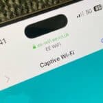 Smartphone screen showing connection to EE WiFi captive portal, with time at 13:41, 5G signal, and battery at 85 percent.