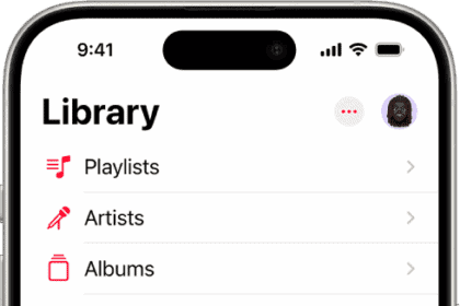 The Library screen showing a list of categories including Playlists, Artists, Albums, Songs, and Downloaded. The Recently Added heading appears below the list. The MiniPlayer showing the title of the current song and the Pause and Next buttons appear near the bottom.  