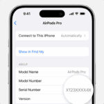AirPods Pro 2 serial number listed in Settings on iPhone.