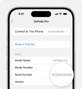 AirPods Pro 2 serial number listed in Settings on iPhone.