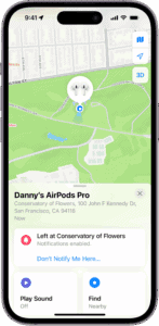 A screen from the Find My app on iPhone. The location of AirPods Pro 2 is shown on a map of San Francisco, along with an address listed and the options Play Sound, Find, and Notifications.