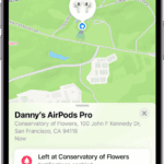 A screen from the Find My app on iPhone. The location of AirPods Pro 2 is shown on a map of San Francisco, along with an address listed and the options Play Sound, Find, and Notifications.