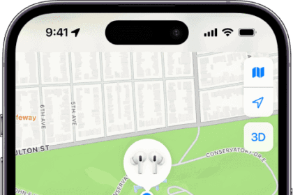 A screen from the Find My app on iPhone. The location of AirPods Pro 2 is shown on a map of San Francisco, along with an address listed and the options Play Sound, Find, and Notifications.