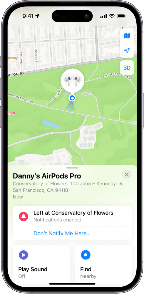 A screen from the Find My app on iPhone. The location of AirPods Pro 2 is shown on a map of San Francisco, along with an address listed and the options Play Sound, Find, and Notifications.