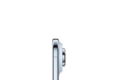 A thumb and forefinger holding iPhone Air, side exterior, Sky Blue color, thin profile, Fusion camera system, buttons: side, Camera Control  