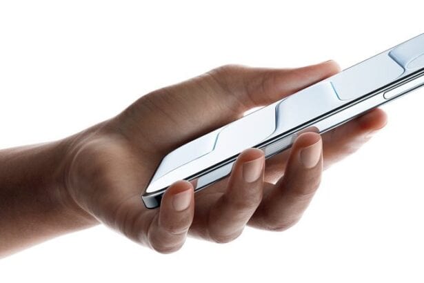 A hand holding iPhone Air, front exterior, side exterior, Sky Blue color, very thin profile, Dynamic Island, buttons: side, Camera Control  