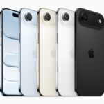 iPhone Air is shown from the back in space black, cloud white, light gold, and sky blue.
