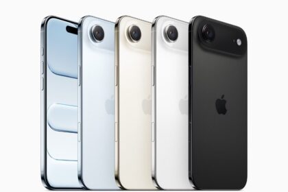 iPhone Air is shown from the back in space black, cloud white, light gold, and sky blue.
