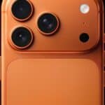 iPhone 17 Pro, cosmic orange finish, partial back exterior, pro camera system in top left corner, 3 lenses, microphone, flash  