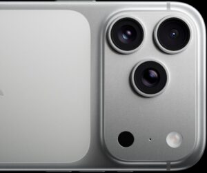 iPhone 17 Pro, silver, back exterior, pro camera system, 3 lenses, microphone, flash